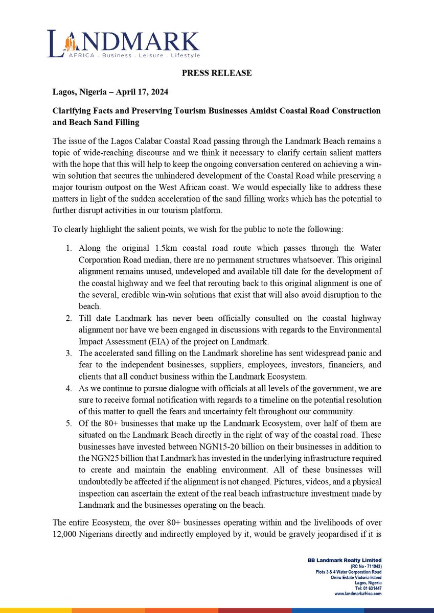 paulonwuanibe's tweet photo. Due to the recent developments that have occurred on the Landmark Beach, it is important to clarify to all interested parties based on the concerns and questions raised. 

Please read through our latest press statement. https://t.co/CLQFXuEejT