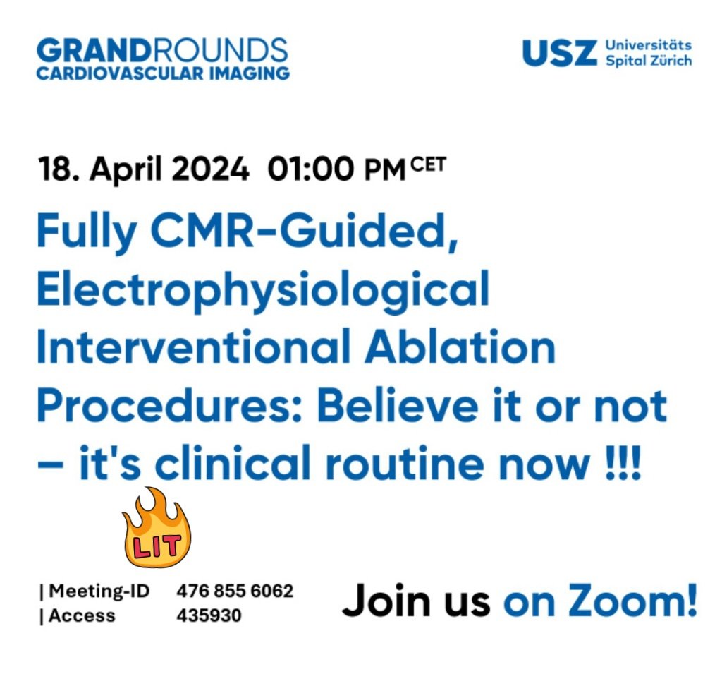 ⌛In less than an hour, join us for an intriguing Grand Round in #CVImaging with Prof. Ingo Paetch 🇩🇪 about #WhyCMR can guide ablation with our hosts @Alkadhi_rad & @rmanka_ - @RadiologieUSZ & @CardioZurich @Unispital_USZ ⤵️ Zoom Access info 🔥 #EPeeps #CardioTwitter