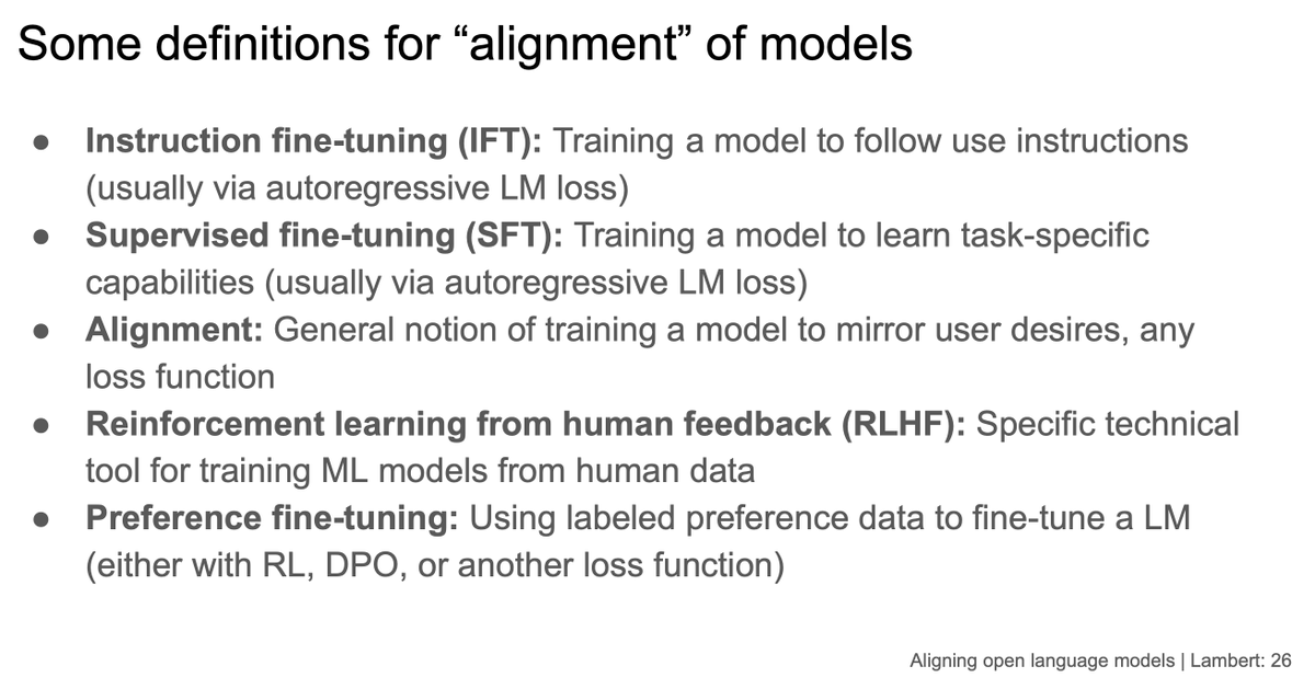 Super nice and concise slide deck introducing instruction finetuning & alignment for LLMs! Also love that it starts with a clear definition of the terminology jargon. (We often use 'finetuning' to mean instruction finetuning, which can be very confusing coming from classic ML.)