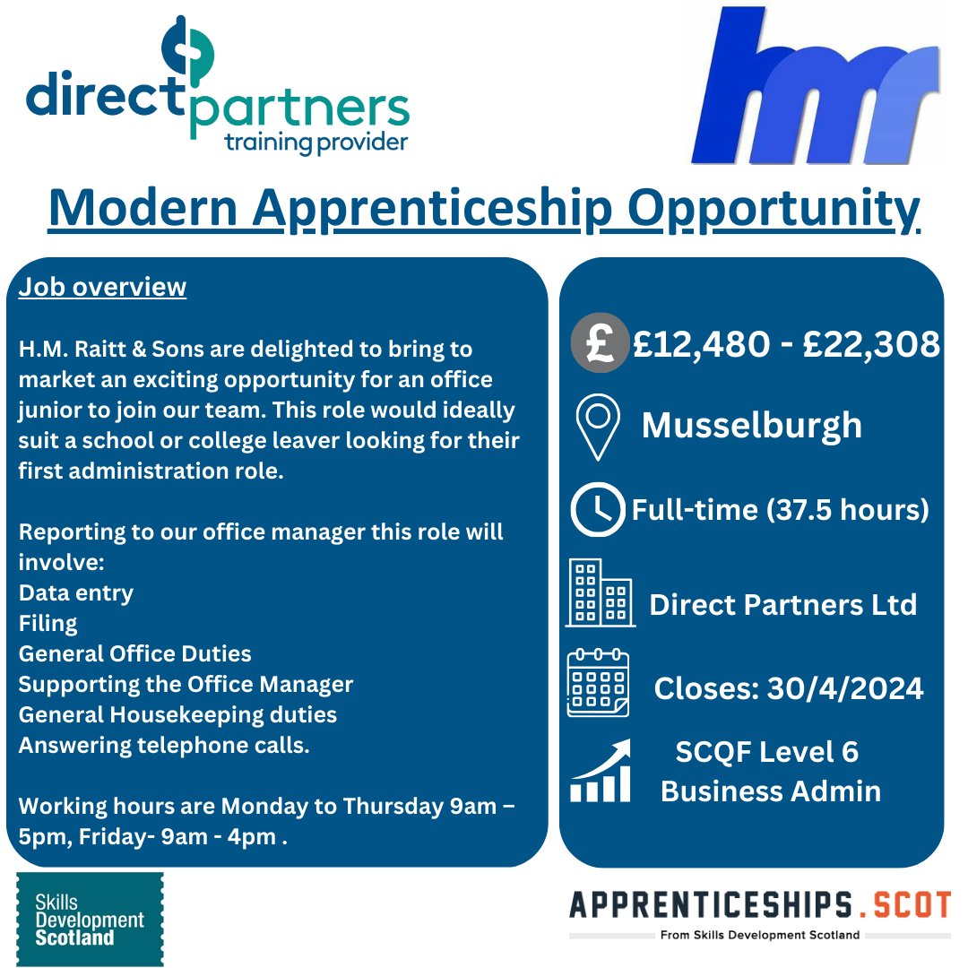 We have an exciting opportunity for a Business Administration Apprentice at H.M. Raitt & Sons! This role would ideally suit a school or college leaver looking for their first administrative role.✨ Apply here: apprenticeships.scot/vacancy-detail…