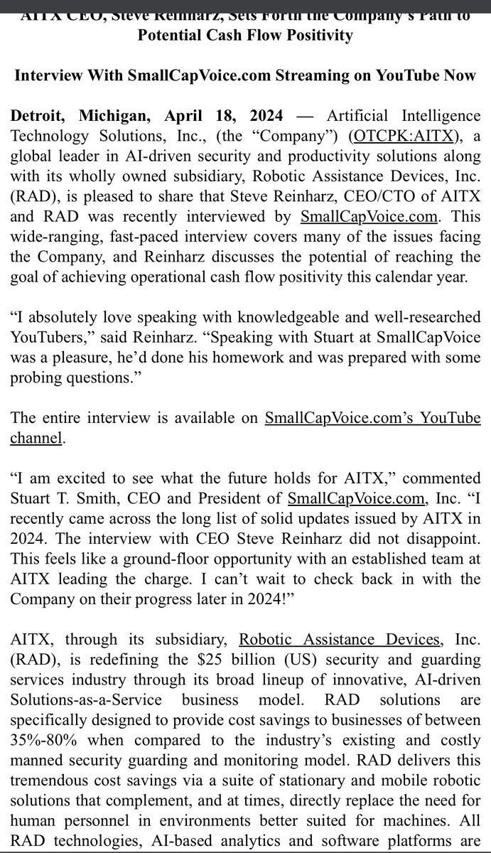 $AITX. #smallcapvoicescom. Cash flow positive soon . Market cap getting some respect . @SteveReinharz @EricMed83300266 @13MELINABOBINA @TheVictoryMeta @JASlotnick @markfolmer  “making the world a more safe and secure place to live and work.  “#proptech