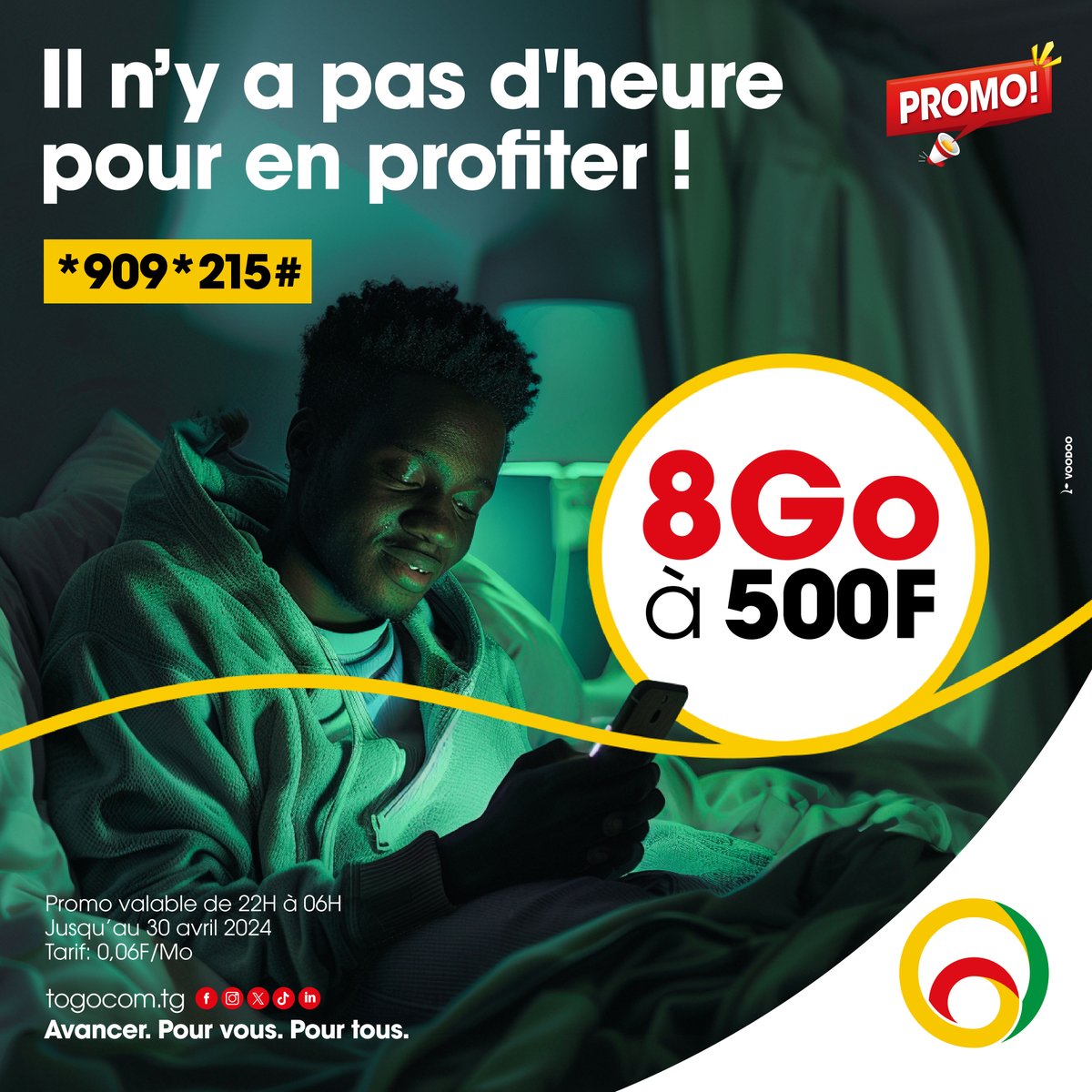 YasTogo's tweet photo. Bénéficie de 8Go à 500F seulement pour rester connecté ! 🥳

8Go pour 500F seulement, valable de 22h à 6h ! 🤩

Souscription au *909*215# ⚡

𝘗𝘳𝘰𝘮𝘰 𝘷𝘢𝘭𝘢𝘣𝘭𝘦 𝘫𝘶𝘴𝘲𝘶’𝘢𝘶 30 avril 2024

#Togocom #ForfaitNuit #ForfaitDATA #Internet https://t.co/BZBVKdmQVY