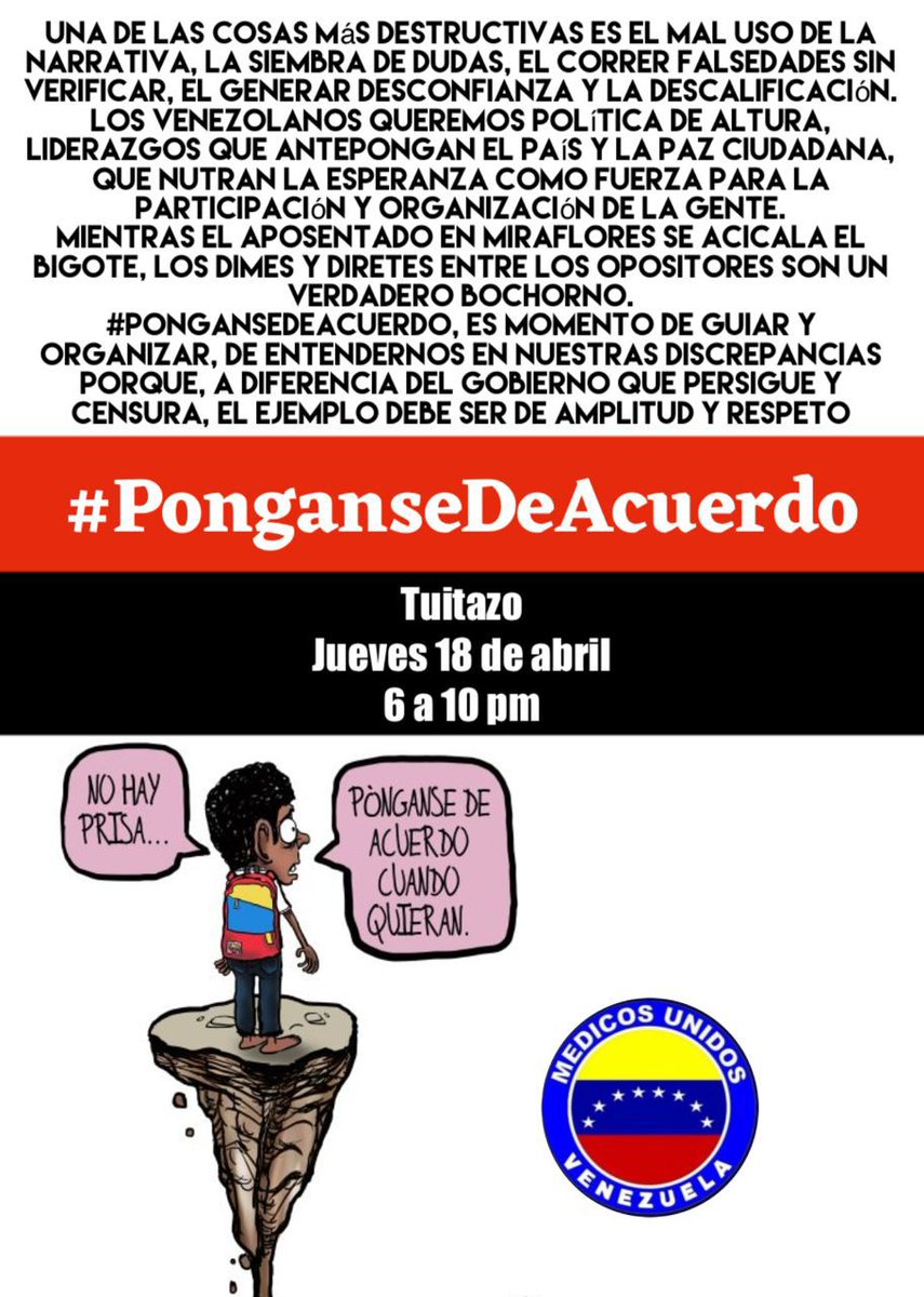 ChuoTorrealba's tweet photo. #PónganseDeAcuerdo es el llamado que hoy hacen nuestros admirados amigos de @MedicosUnidosVe, el mismo llamado que hace toda la sociedad civil a un "liderazgo opositor" que debe estar a la altura del dolor y de la esperanza del inmenso país que quiere CAMBIO! https://t.co/9F5SUbXu6D