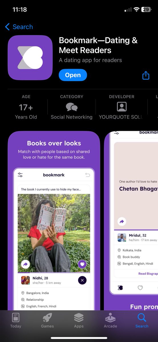 BREAKING: @Bookmarkappco is live on the App Store. Download link: bookmarkapp.page.link/nYJz A dating app for readers, Bookmark comes with a fun twist: your DP remains blurred until you match & exchange 10 messages. For non-singles, a book buddy mode exists. 🥲 #SwipeBooksNotLooks