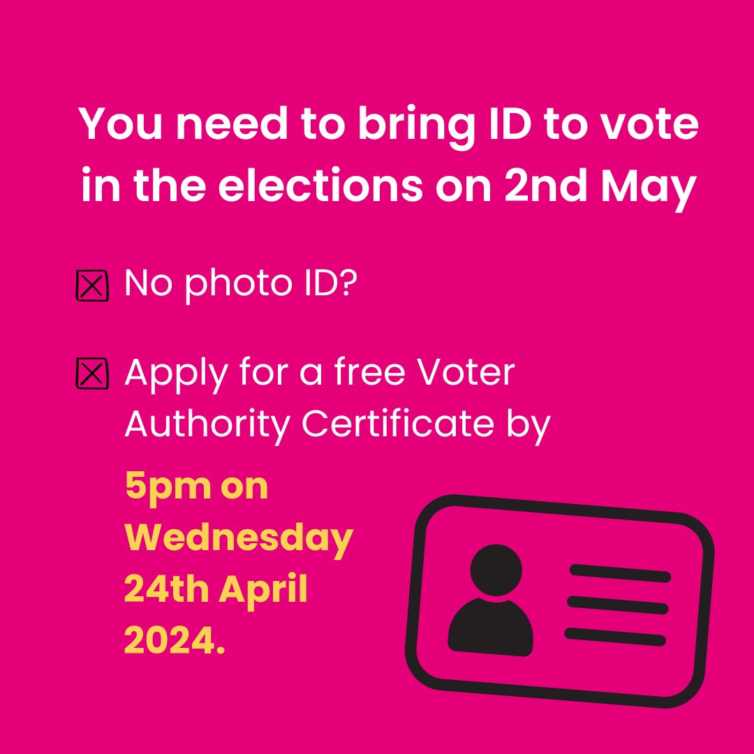 You need to bring an accepted form of photo ID to vote in the elections on Thursday 2nd May 🪪 If you don't have photo ID, you can apply for a free Voter Authority Certificate. The deadline to apply in time for the elections is 5pm tomorrow 👇🏾 gov.uk/apply-for-phot…