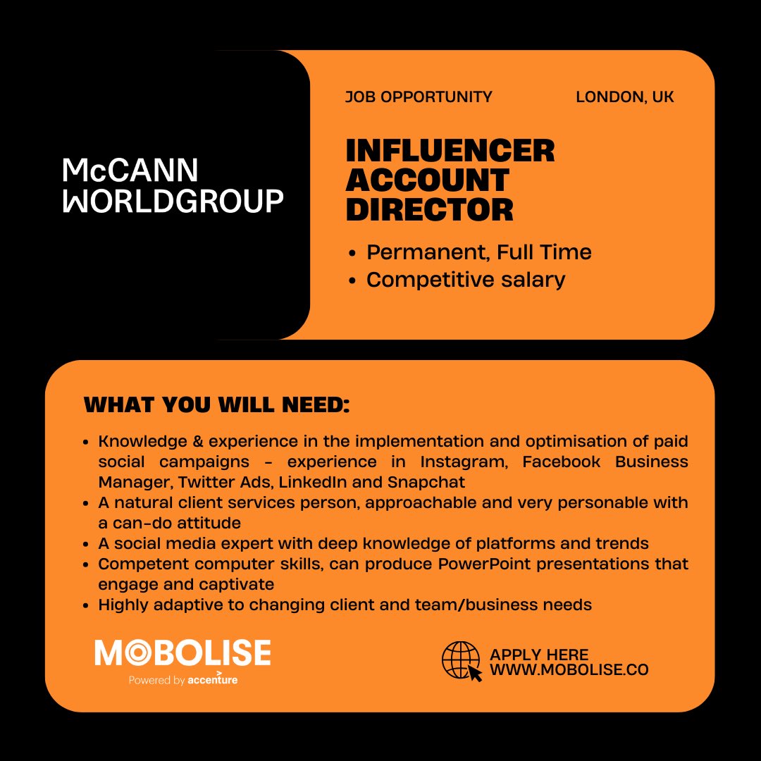 JOB OPPORTUNITY 👀 @mccann_mw is looking for a new Influencer Account Director.  If you’re a social media expert with deep knowledge of platforms and trends and a natural client services person, then this role is for you! Apply today 👉🏾 mobolise.co