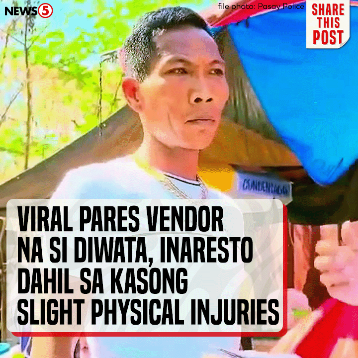 News5PH's tweet image. Inaresto ang social media personality at viral pares vendor na si Deo Balbuena na mas kilala bilang #Diwata sa Pasay City nitong Martes, April 16.

Para ito sa kasong slight physical injuries na isinampa sa kaniya noong 2018. #News5
