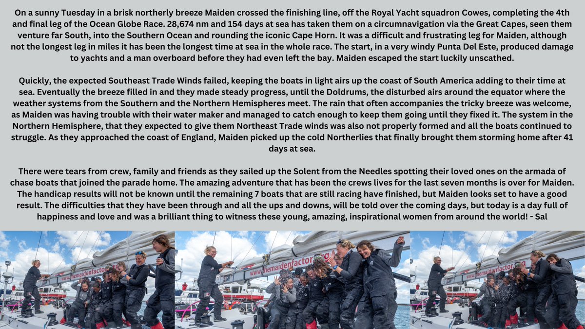 "On a sunny Tuesday in a brisk northerly breeze Maiden crossed the finishing line, off the Royal Yacht squadron Cowes, completing the fourth and final leg of the <a href="/oceangloberace/">Ocean Globe Race</a>..." #OGR2023