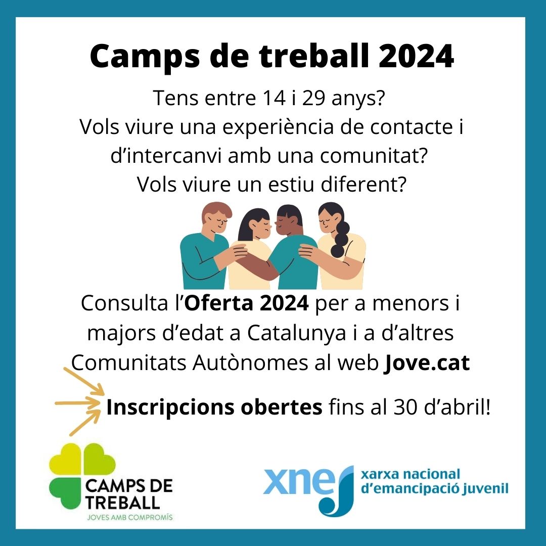 🗣 Ja ha sortit publicada l'Oferta de Camps de treball 2024! 
⏳️El termini d'inscripcions per als camps de treball catalans i a altres CCAA finalitza el 30 d'abril, a les 12h del migdia.
👉 Oferta 2024 i inscripcions a jovecat.gencat.cat/ca/temes/vacan… #infoxnej #jovecat @joventutcat