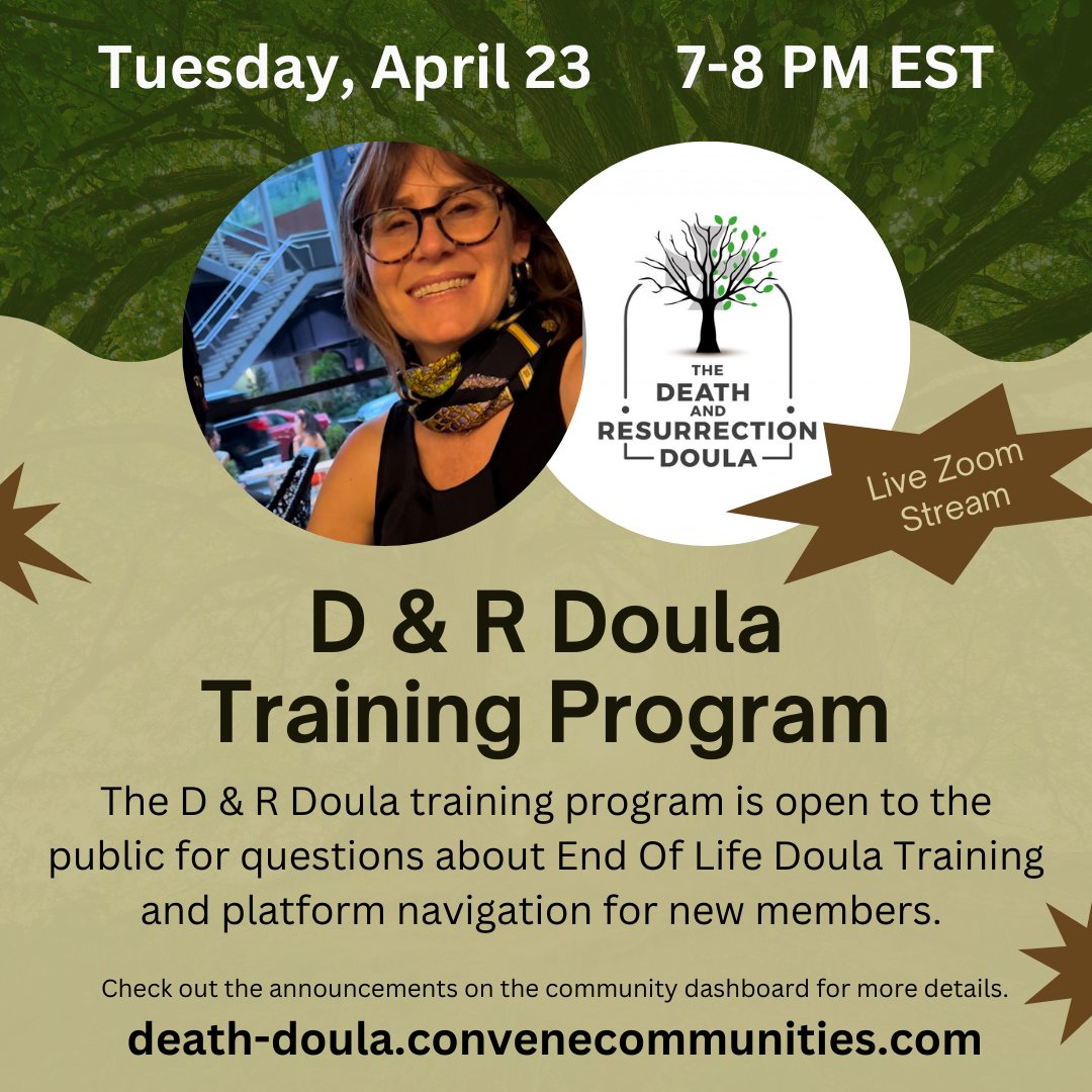 ConveneComms's tweet photo. Tuesday, April 23 7 pm - 8 pm EST:   The D &amp; R Doula training program is open to the public for questions about End Of Life Doula Training and platform navigation for new members. 
https://t.co/B6XGZrcQlQ

#deathdoula #DeathDoulaTraining https://t.co/kvbSUhTJlY