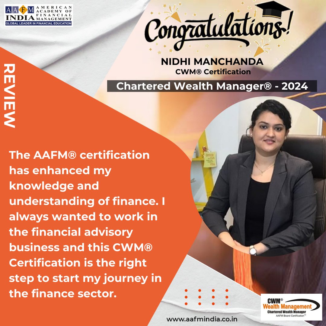 AafmIndia's tweet photo. Achieving New Heights! Congratulations Nidhi Manchanda on Attaining the Chartered Wealth Manager Designation. Your dedication to lifelong learning is an inspiration to all in the financial industry. 

#charteredwealthmanager #charteredesignation #cwm #cwmsahihai #aafm #aafmindia https://t.co/xNry7gIb3f