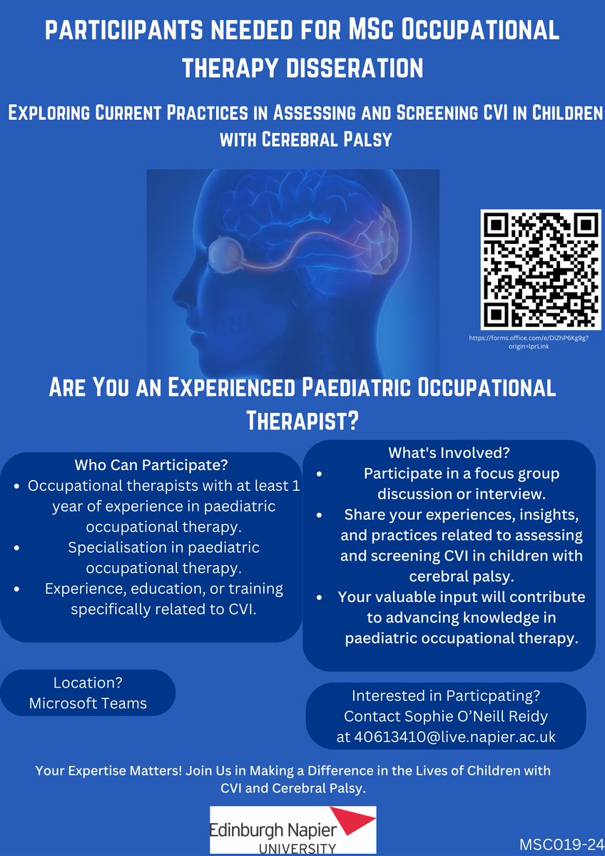 I am looking for eligible participants for my MSc Occupational Therapy dissertation. If you meet the criteria it would be great if you could could participate. forms.office.com/e/DiZhP6Kg9g?o……… Any shares with colleagues/networks in this area would be greatly appreciated ☺️