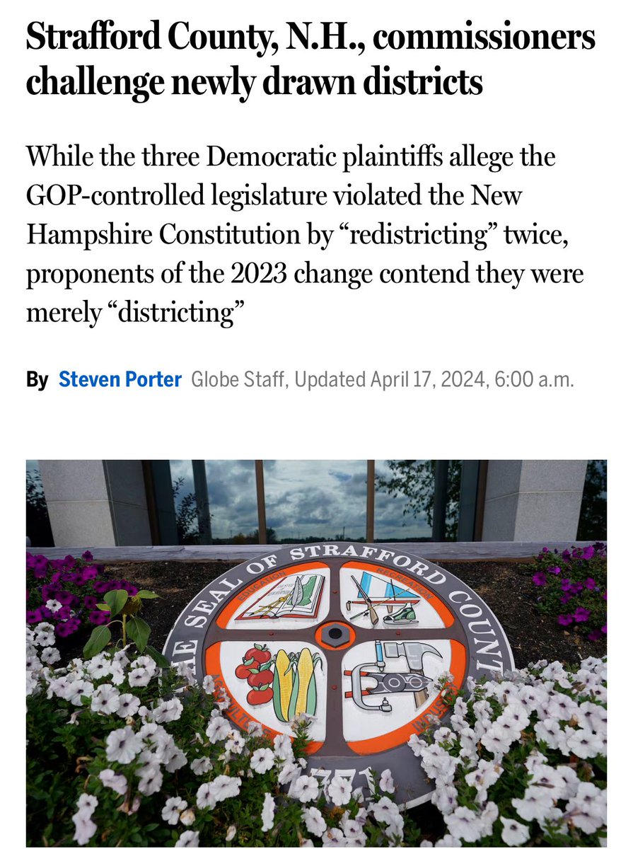 The only “problem” the illegal GOP redistricting of Strafford county “corrects” is a Democratic majority on the county commission that reflects the majority of voters in the county. #NHPolitics bostonglobe.com/2024/04/17/met…