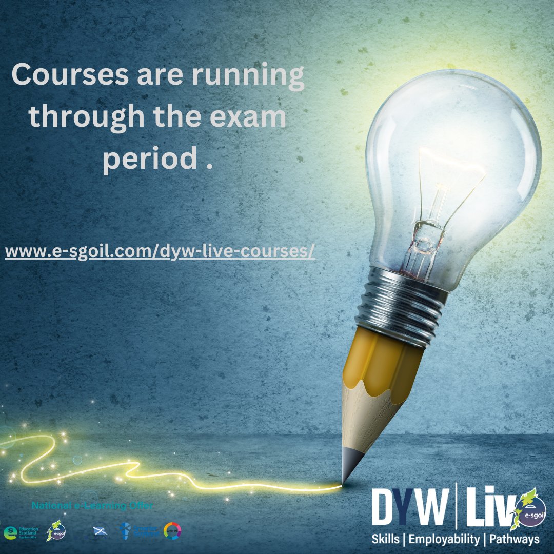 Pupils on a low exam diet?
We've got you Covered! 
DYW Live have a range of sessions to get pupils ready for the world of employment available right through until the end of term.
@eSgoil @EducationScot @ESskills @DYWScot #NeLO
e-sgoil.com/dyw-live-cours…