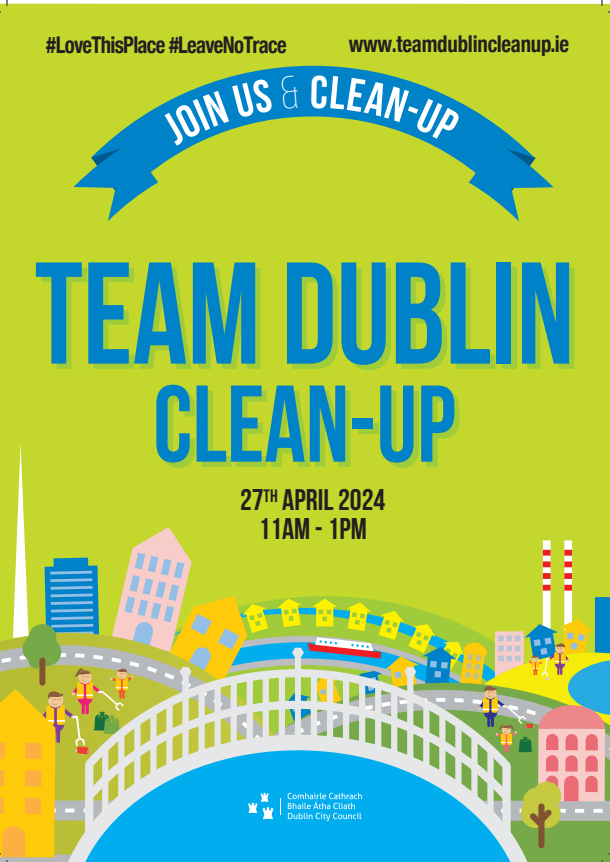 Saturday week! April 27th 11am The Team Dublin Cleanup for National Springclean The big one! We;ll be meeting at the BERA Hall at the top of Connolly Avenue. All gear supplied but bring whatever you have already. Refreshments afterwards