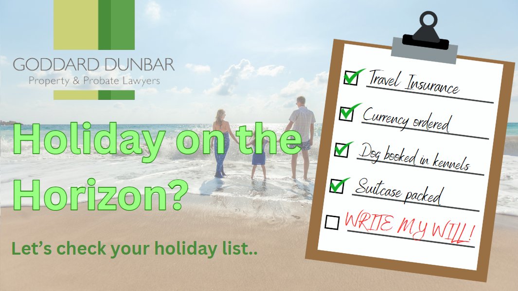 Holiday on the Horizon?✈️

Make sure to check off the last box!✅

Don't put off writing your Will any longer; book your appointment today!

📞Give us a call - 01782 284320 > Option 3

goddarddunbar.co.uk/wills/
#holiday #willwriting #getaway #lawfirm