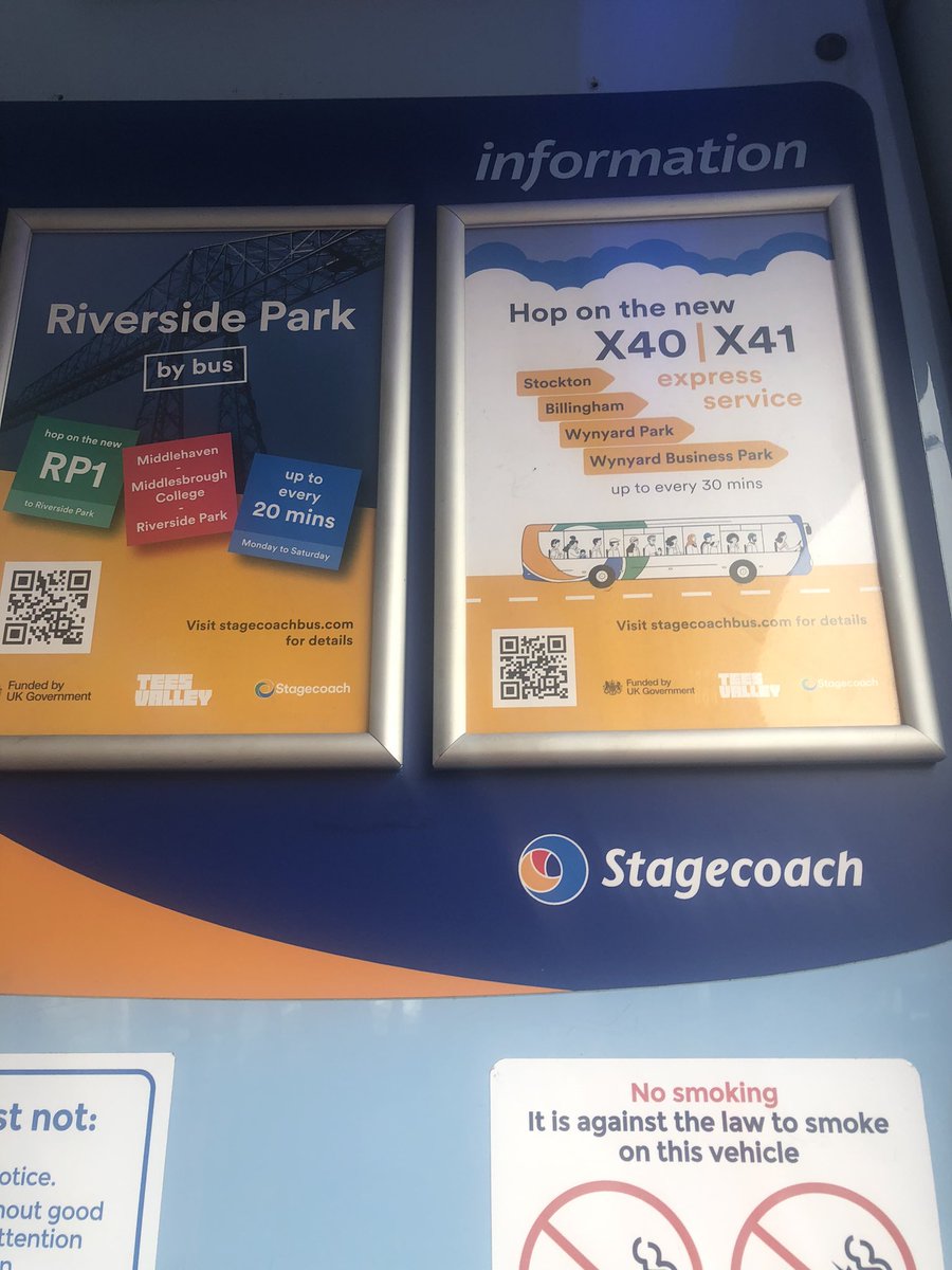 TeessideBusNerd's tweet photo. Great to see advertising for the new RP1 and X40/X41, which are funded by the TVCA and operated by @StagecoachNE 

Guarantee I’ll get someone saying “the advert posters have been there a while, and the services have been running for a month now” though 😂 https://t.co/BDwpyBxmys