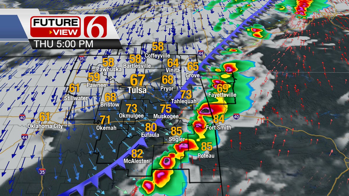 A strong front arrives today with a slight chance of a storm near Tulsa but higher chances across eastern and southeastern OK this afternoon. Temps will drop from the 80s into the 50s by this evening with strong north winds. Cooler weather remains Friday. @NewsOn6