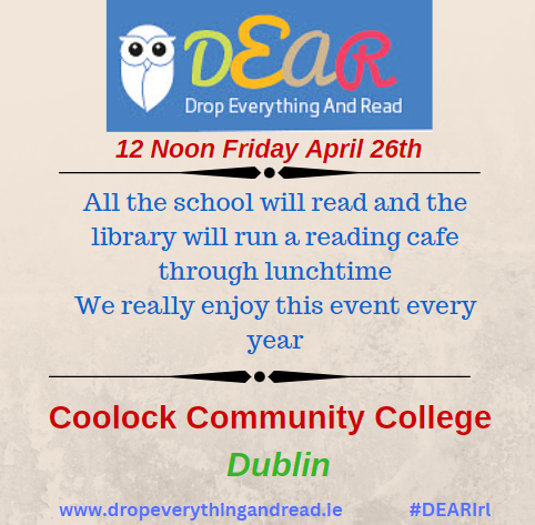 .<a href="/CoolockCC/">Coolock Community College</a> has great plans for DEAR Day on April 26th. Join them - register your support now at bit.ly/DEAR24 and take some time out to read on Friday April 26. #DEARIrl #LetsGetIrelandReading