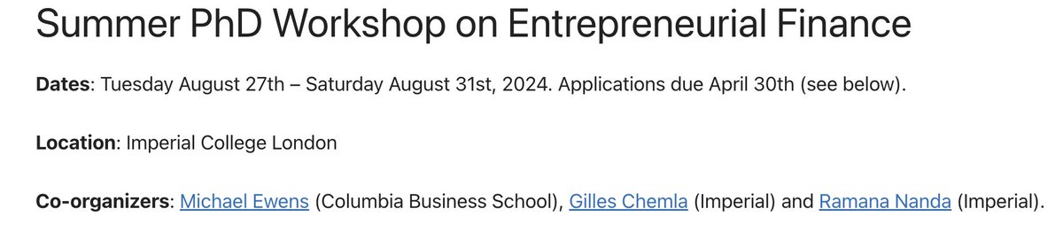 📢Apply to the Summer PhD Workshop on Entrepreneurial Finance.

Finance, econ, and management PhD students with a research interest in entrepreneurial finance are encouraged to apply for the first Summer PhD Workshop on Entrepreneurial Finance.  It is scheduled for Aug 27th. 🧵