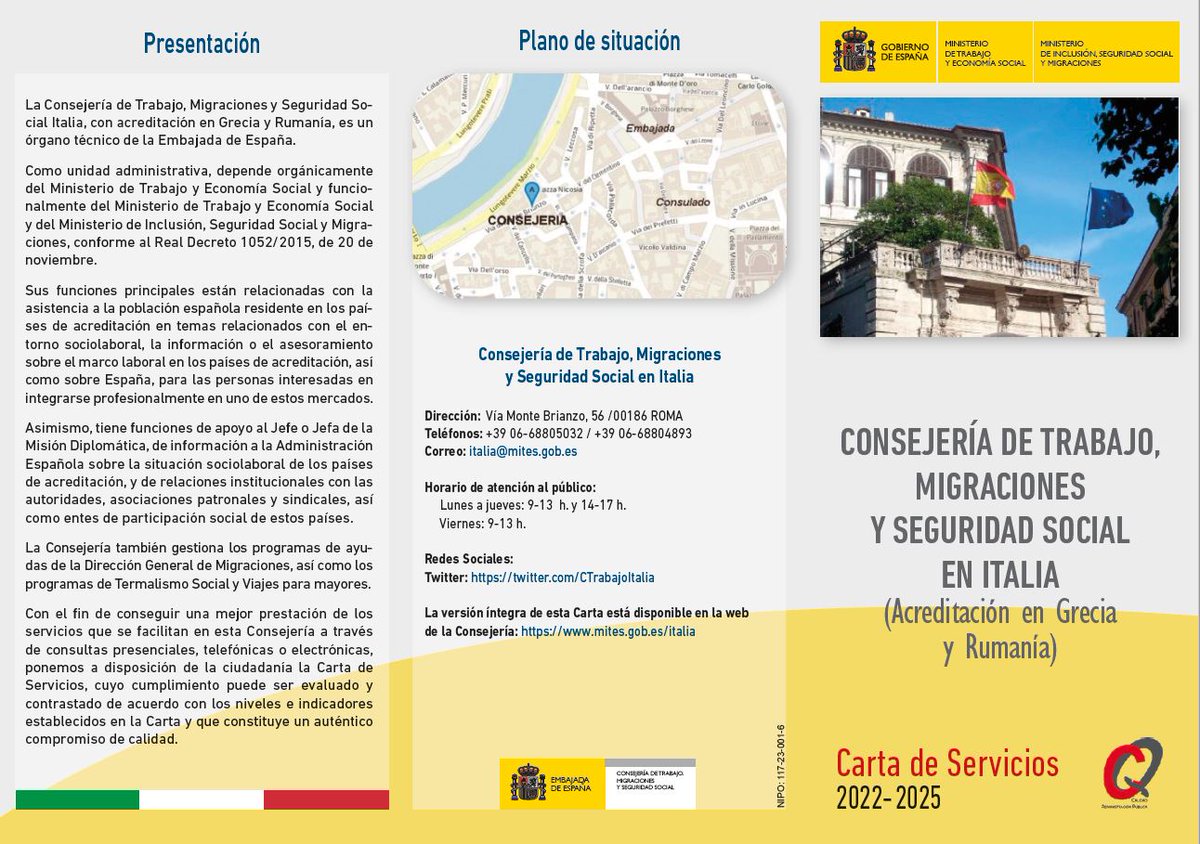 CTrabajoItalia's tweet photo. ⚠️¿Conoces todos los #servicios que presta nuestra   #Consejería? 🇮🇹 🇬🇷 🇷🇴

🔍Consulta nuestra Carta de Servicios❗️
⬇️⬇️⬇️
👉https://t.co/bo9ddz11FG

#trabajo  #SeguridadSocial  #Migraciones

@EmbEspItalia @EmbEspAtenas @EmbEspBucarest https://t.co/DaJpVxGdUn