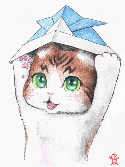 端午の節句ねこさん、描き上がりました!このねこさんは、貴房の猫さんLINEスタンプに登場してるねこさんです折り紙の兜をかぶろうとしてますが多分耳がじゃま(笑)#色鉛筆 #色鉛筆画 #色鉛筆イラスト #アナログイラスト #猫 
