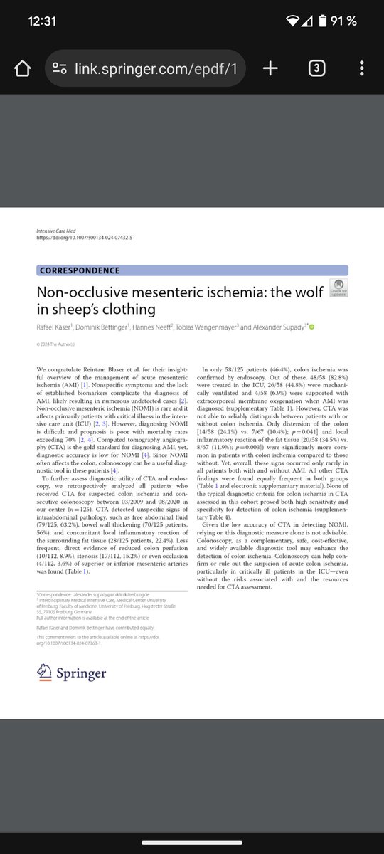 Interdisziplinäre Medizinische Intensivtherapie FR (@imit_freiburg) on Twitter photo Sometimes it takes a look inside. Colonoscopy is a widely available and safe measure to detect non-occlusive mesenteric ischemia in the critically ill. link.springer.com/article/10.100… <a href="/TobiWengenmayer/">Tobias Wengenmayer</a> @dbettinger85 <a href="/AlexanderSupady/">Alexander Supady</a> <a href="/yourICM/">Intensive Care Medicine</a> <a href="/Uniklinik_Fr/">Uniklinik Freiburg</a> Sometimes it takes a look inside. Colonoscopy is a widely available and safe measure to detect non-occlusive mesenteric ischemia in the critically ill. link.springer.com/article/10.100… <a href="/TobiWengenmayer/">Tobias Wengenmayer</a> @dbettinger85 <a href="/AlexanderSupady/">Alexander Supady</a> <a href="/yourICM/">Intensive Care Medicine</a> <a href="/Uniklinik_Fr/">Uniklinik Freiburg</a>