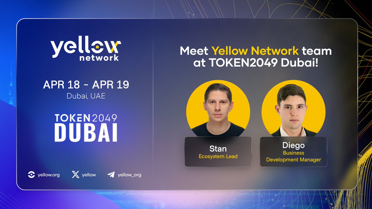 Yellow's tweet photo. 🌟🚀  Catch us at #token2049dubai from April 18-19. Come meet @liutenkos & @dkscrypto and get a firsthand look at how we're revolutionizing broker setups and simplifying liquidity distribution on #YellowNetwork’s vast trading landscape.

🎯 Come chill with us on Sunday, April 21st - at the SO/ Hotel in Uptown Dubai at our Web3 Pool Party, brought to you by Yellow and yellow__capital, along with our partners @DcentralCon.

Be a part of our journey to redefine the blockchain space! 🌐✨