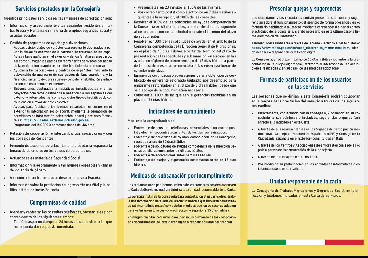 CTrabajoItalia's tweet photo. ⚠️¿Conoces todos los #servicios que presta nuestra   #Consejería? 🇮🇹 🇬🇷 🇷🇴

🔍Consulta nuestra Carta de Servicios❗️
⬇️⬇️⬇️
👉https://t.co/bo9ddz11FG

#trabajo  #SeguridadSocial  #Migraciones

@EmbEspItalia @EmbEspAtenas @EmbEspBucarest https://t.co/DaJpVxGdUn