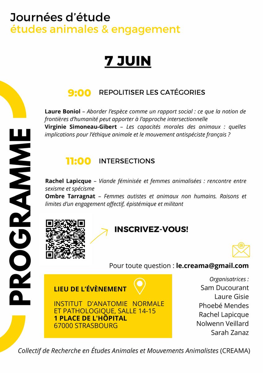 Sarah Zanaz (@zanazsarah) on Twitter photo Contente que mon 1er post ici serve à faire la promo d'un événement que nous organisons à Strasbourg les 6 et 7 juin avec notre collectif, le CRÉAMA. 
Au programme : de la philo, de la socio, des études animales critiques... 
En espérant vous y voir nombreuses et nombreux! 🐖🩷 Contente que mon 1er post ici serve à faire la promo d'un événement que nous organisons à Strasbourg les 6 et 7 juin avec notre collectif, le CRÉAMA. 
Au programme : de la philo, de la socio, des études animales critiques... 
En espérant vous y voir nombreuses et nombreux! 🐖🩷