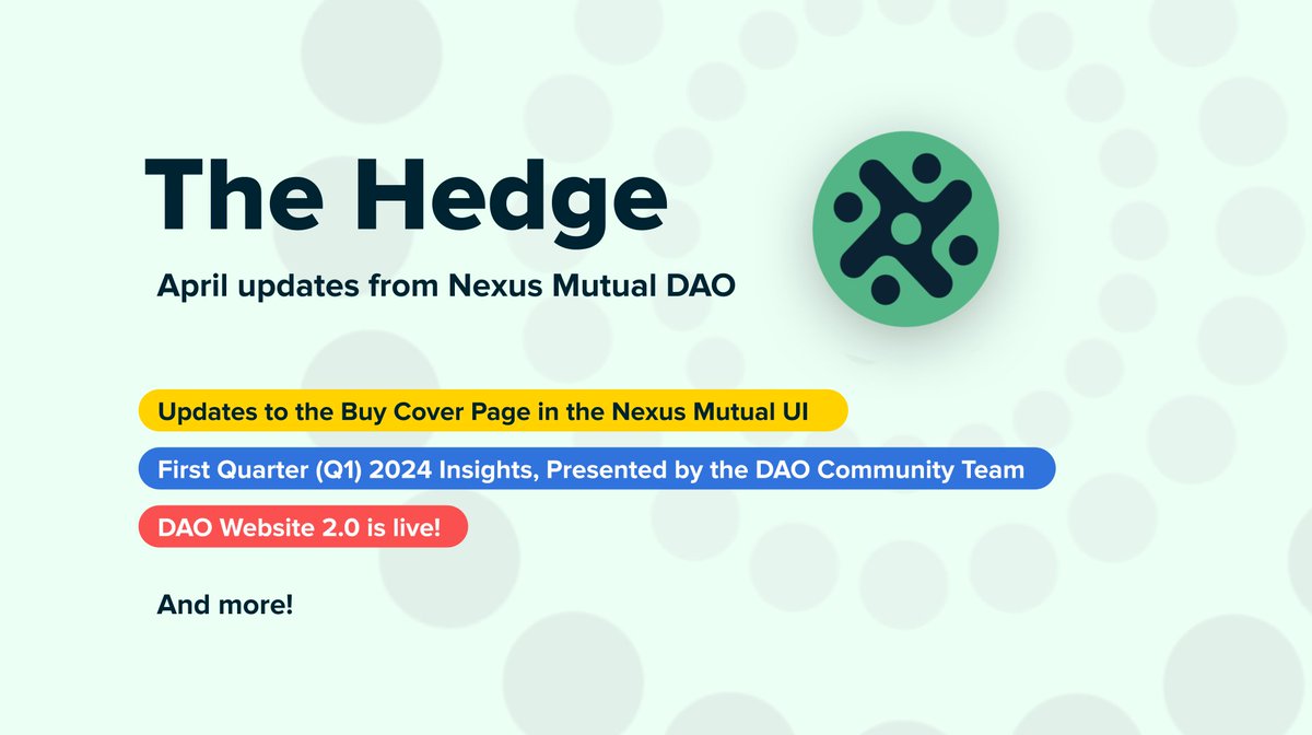 The April issue of The Hedge is out 📰 ✨ All about Bundled Protocol Cover 🆕 Recent Protocol Cover listings on the Nexus Mutual UI and @OpenCover 👥 Now live: Cover Buy UI & nexusmutualdao.io v2.0 📊 2024 Q1 Insights Report 👀🚀 👇 nexusmutual.substack.com/p/the-hedge-ap…