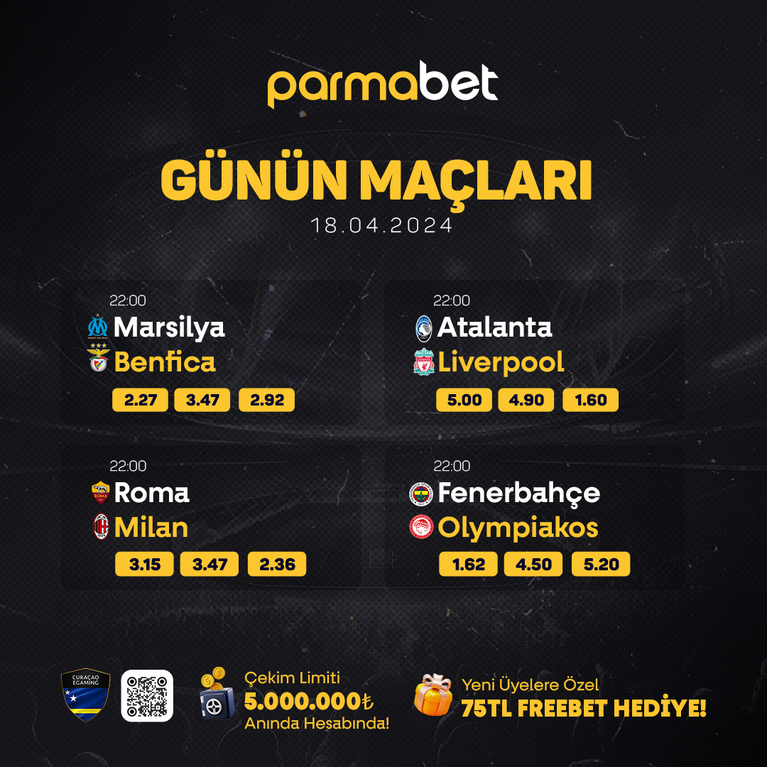 Avrupa Ligi'nde En Yüksek Oranlar #Parmabet'te ! 🔥 ⚽️ Marsilya - Benfica ⚽️ Atalanta - Liverpool ⚽️ Roma - Milan ⚽️ Fenerbahçe - Olympiakos Çekim Limiti 5.000.000 TL ! Anında Hesabınızda !⭐️ Üyelik Adresimiz 👉 bit.ly/parmasosyalgir…