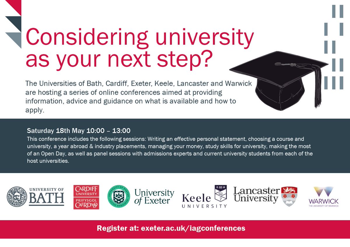 It's one month until our final 'Next steps for year 12' Conference of the year! We're again partnering with @UniofBath, @CU_Outreach, @LancasterUni, @KeeleUniversity and @warwickuni for this FREE event on Saturday 18 May. Find out more and sign up at: exeter.ac.uk/iagconferences! 🎓