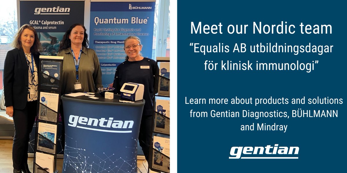 GentianDiagnost's tweet photo. Meet our Nordic team at "Equalis AB utbildningsdagar för klinisk immunologi” (Swedish event) to learn more about:👩🔬 Gentian’s turbidimetric immunoassays #cystatinC and circulating #calprotectin, and
BÜHLMANN product portofolio including #QuantumBlue and #fCAL® turbo https://t.co/XARRawkSYJ
