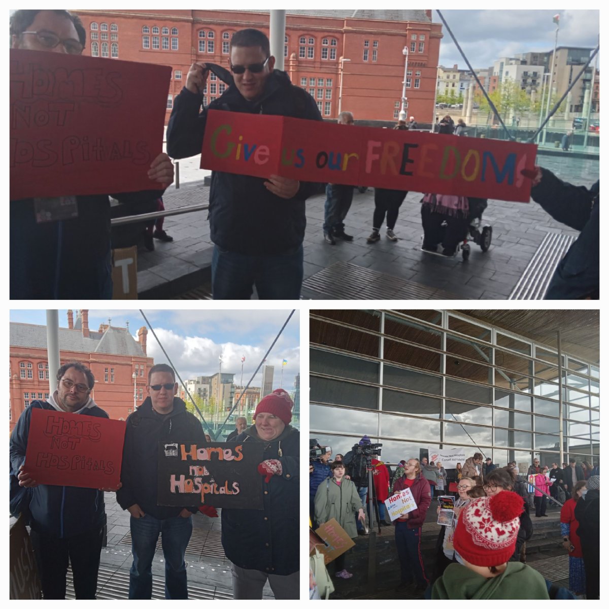 Pobl colleagues were delighted to accompany Adam, Malcolm and Sam at the Senedd yesterday. They receive support to keep their independence and wanted to put forward their views on the #StolenLives #HomesNotHospitals subject. It was so encouraging to see such a great turn out. ✊