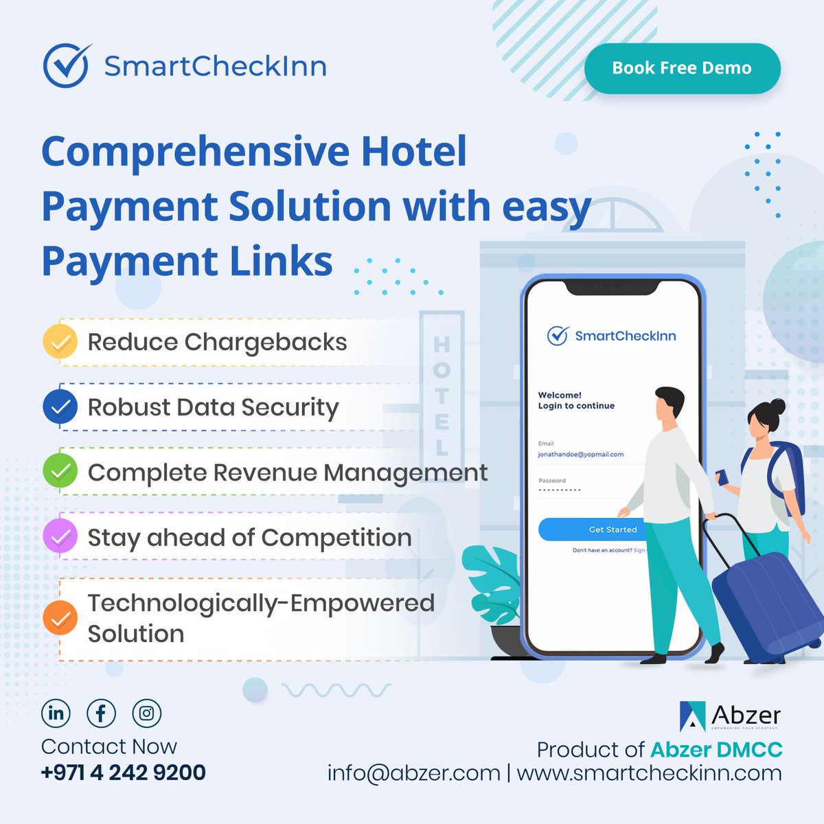 Looking for a hotel management solution to automate your daily processes?  

Look no more, SmartCheckinn is a complete hotel payment solution with integrated online payment automation  

smartcheckinn.com 

#abzer #hotels #hoteliers #Revenuemanagement #automation