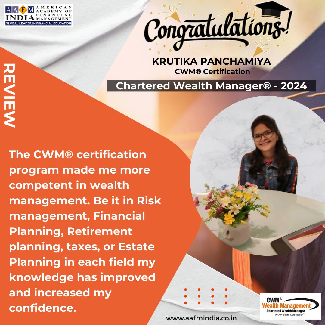 AafmIndia's tweet photo. Achieving New Heights! Congratulations Krutika Panchamiya on Attaining the Chartered Wealth Manager Designation. Your dedication to lifelong learning is an inspiration to all in the financial industry

#charteredwealthmanager #charteredesignation #cwm #cwmsahihai #aafm #aafmindia https://t.co/8yr8V4WCtW