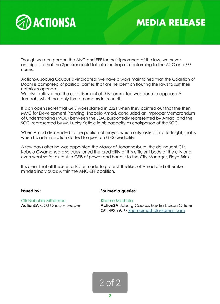 'As a party rooted in the rule of law, we beseech the Speaker of Council, Cllr. Arnolds, to desist from abusing her power to appease her coalition partners at the expense of our residents or using the legislative framework to bulldoze the dissenting voice',@cllr_mthembu