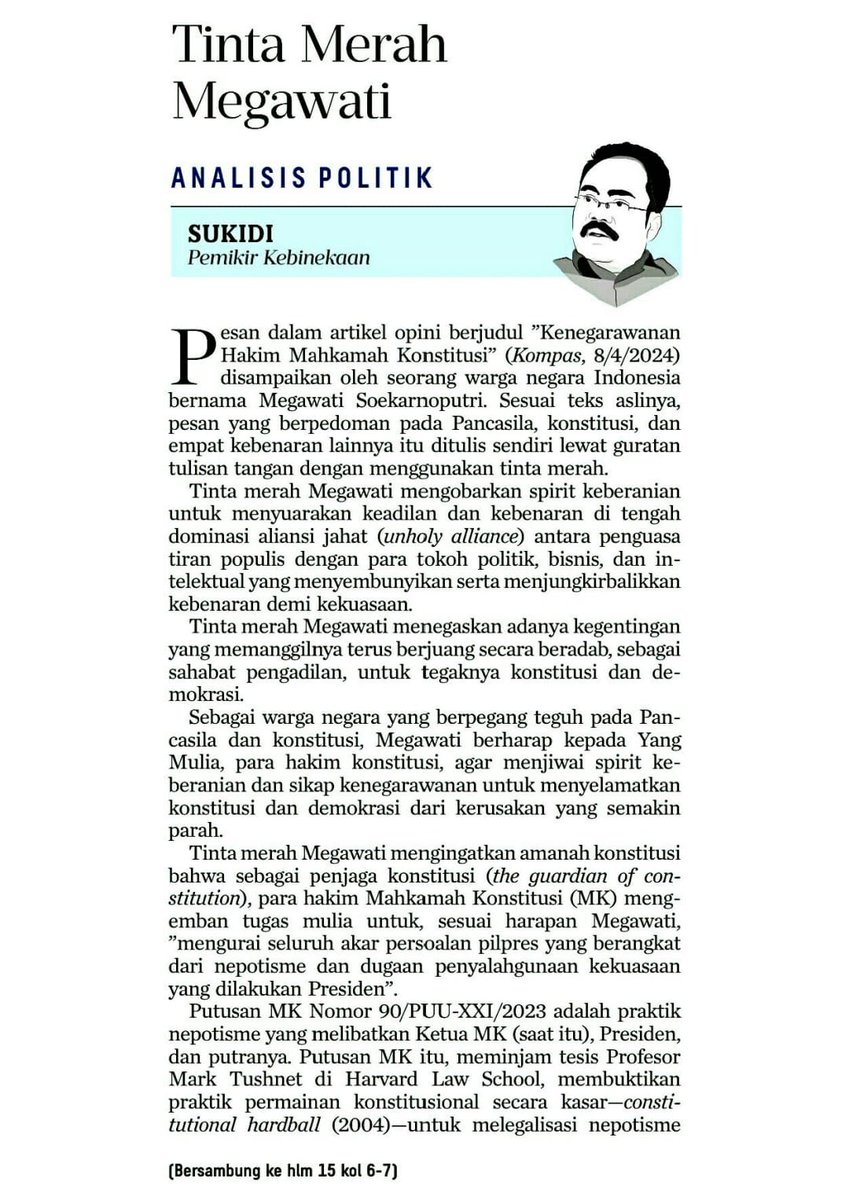 mohmahfudmd's tweet photo. Tulisan Sahabat Sukidi di Kompas, 18/4/24 halaman 1. Analisis yang menarik. https://t.co/PHcNtbKSds