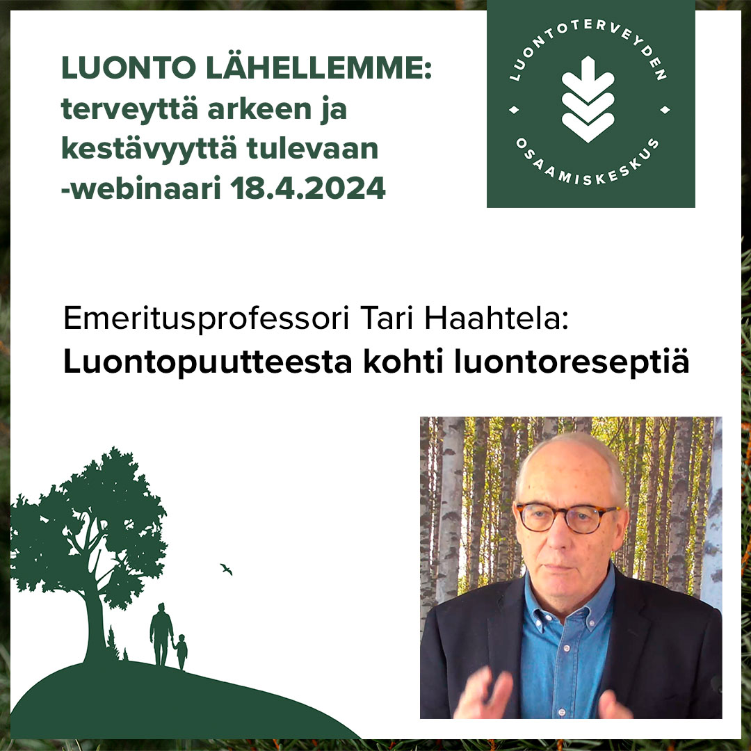 Luontokatoa ei tapahdu vain luonnossa, vaan myös kehossamme, kertoi emeritusprofessori Tari Haahtela. Terveyden kannalta on merkitystä, mitä hengitämme, syömme, juomme ja kosketamme. Tarvitsemme hyviä mikrobeja ja liikkumista vihreässä ympäristössä. #luontoterveys