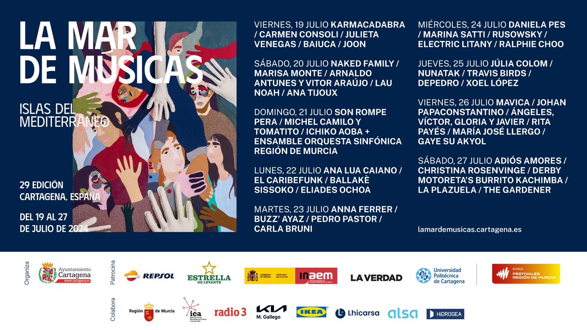 🙌🏻 Teníamos muchas ganas de presentarte la programación completa de #LaMarMúsicas. Este verano volamos a las Islas Mediterráneas con nuestro especial de la edición 29. 🎟️ Consigue tus entradas lamardemusicas.cartagena.es/2024/entradas.…