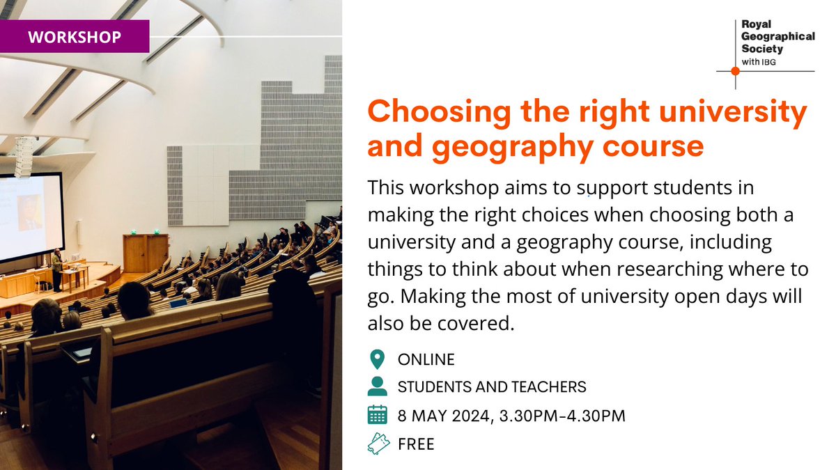 Deciding which university to attend or which geography course to choose can be overwhelming.

💡If you're a student, or teacher guiding students at this stage, join our online workshop. Our speakers will help you navigate the decision-making process.

rgs.org/events/upcomin…
