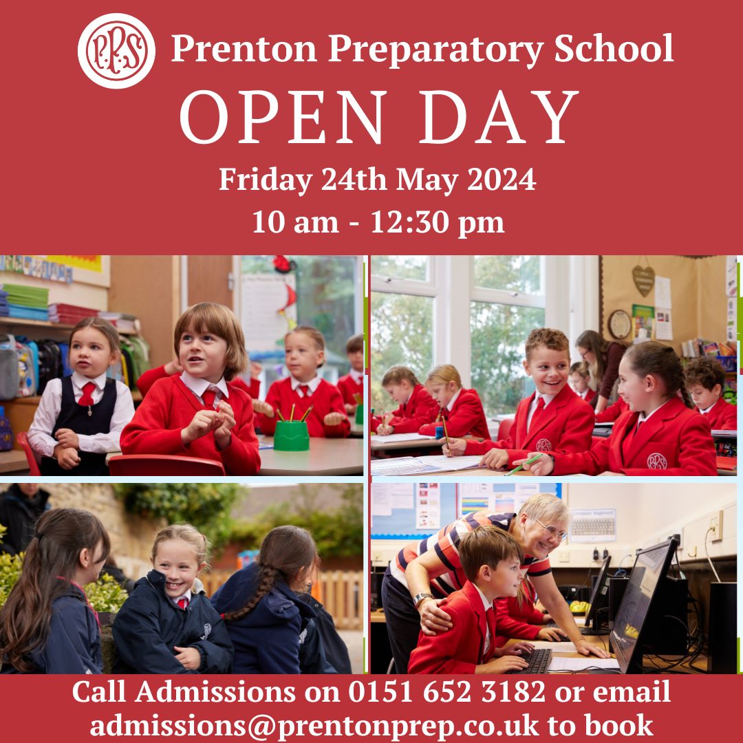 We would like to invite you to our Open Morning at Prenton Preparatory School on Friday 24th May 2024 from 10 am - 12:30 pm

Please click the link below to register:
orlo.uk/BxXCa

#Prentonprep #Prentonprepopenday #Wirralprepschool #Oxtoncommunity #Prentoncommunity