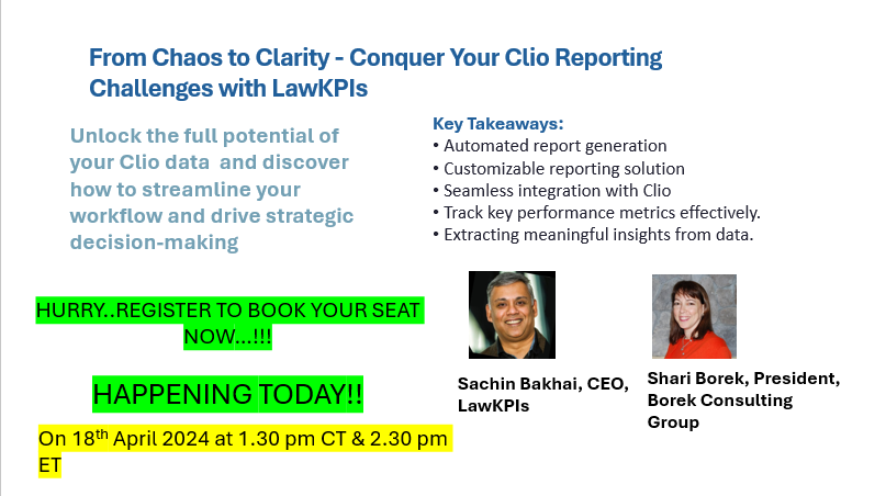 HAPPENING TODAY! Conquer @goclio  - Cloud-Based Legal Technology Reporting Chaos! 

REGISTER HERE - bit.ly/4cKfHoA
Grab your chance to transform your reporting process with @lawkpis & Borek Consulting Group.

#legalreportingsolution #lawyers #alabuzz #dallasala #aba #ala