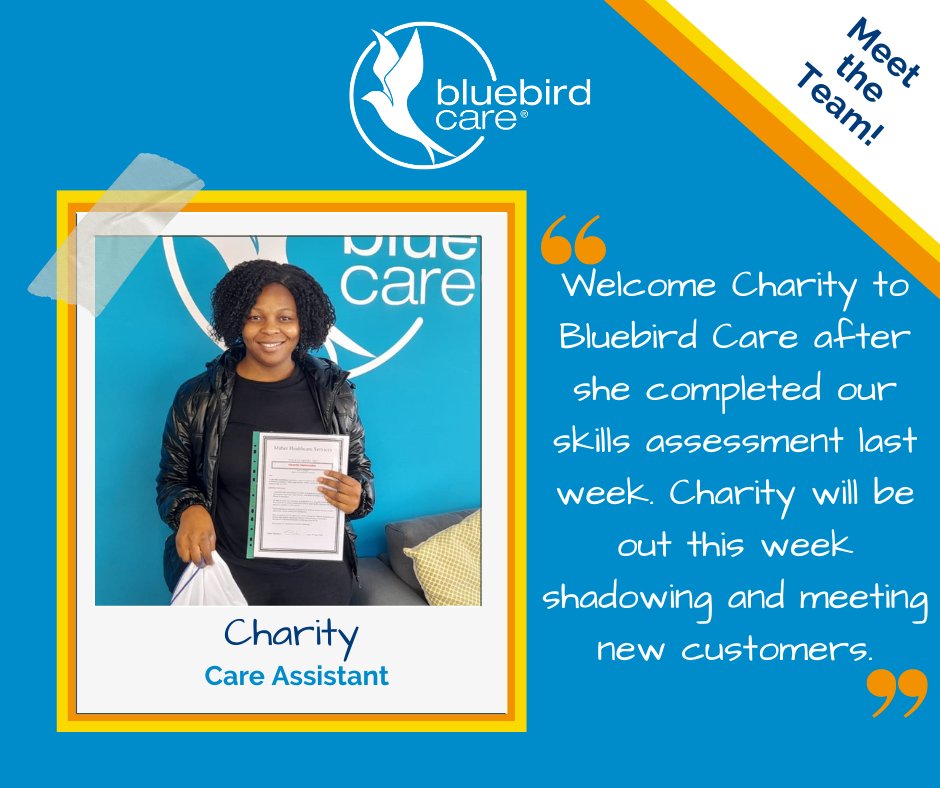 We welcome Charity to Bluebird Care after she successfully completed our skills assessment last week.☺️

Welcome Charity, you will be amazing!💙

Start your care within 24 hours of an assessment👉 bit.ly/3Xkz1BB

#Welcome #NewJob #careworker #Care #HomeCare #Health #Home