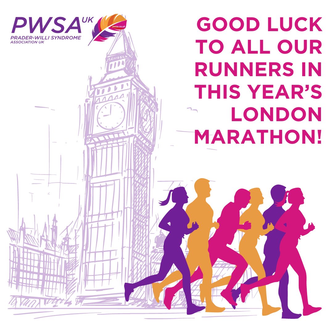 Good luck to our 9 fantastic runners taking part in the @LondonMarathon on Sunday (21st April) - and if you'd like to join us in cheering them along on the day, we will be at mile 20. We'd love to see you there! #LondonMarathon #PraderWilliSyndrome