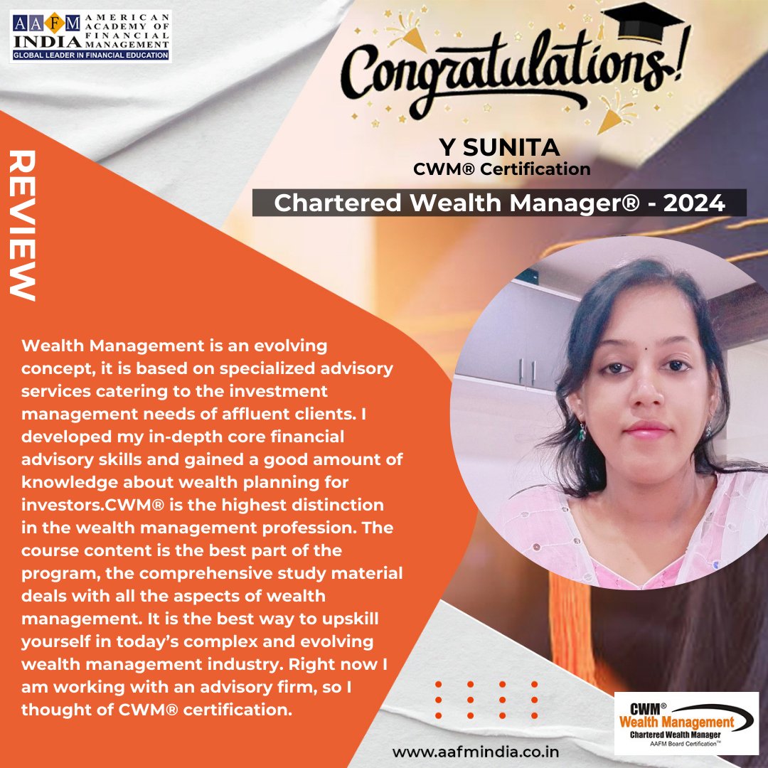 AafmIndia's tweet photo. Achieving New Heights! Congratulations Y Sunita on Attaining the Chartered Wealth Manager Designation. Your dedication to lifelong learning is an inspiration to all in the financial industry. 

#charteredwealthmanager #charteredesignation #cwm #cwmsahihai #aafm #aafmindia https://t.co/d55zEI25Az