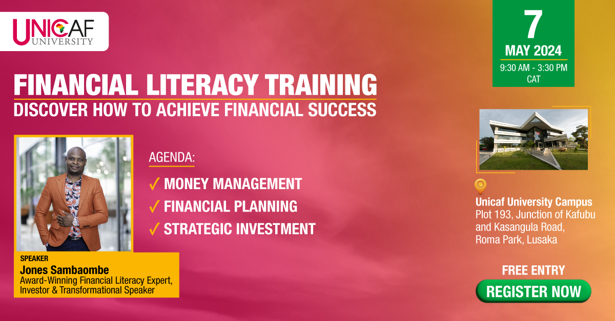 Unicaf University invites you to a Financial Literacy Training Session on May 7th. Reserve your spot now and take control of your financial future! Don't miss out. Limited places available. Register now! 👉link.unicafuniversity.com/3xKEjOc