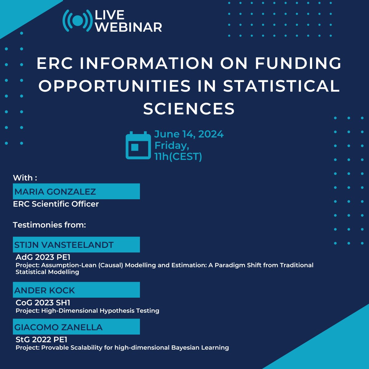 Join us for the upcoming Webinar on ERC funding for statistical sciences!
👉Register for free on forms.gle/HaVdj3eFTn1AGx… 
📅14 June 2024, 11h(CEST).  
Further information on fenstats.eu/news/2024-03-2…
#ERCfunding #StatisticalSciences #ResearchOpportunities #AcademicFunding