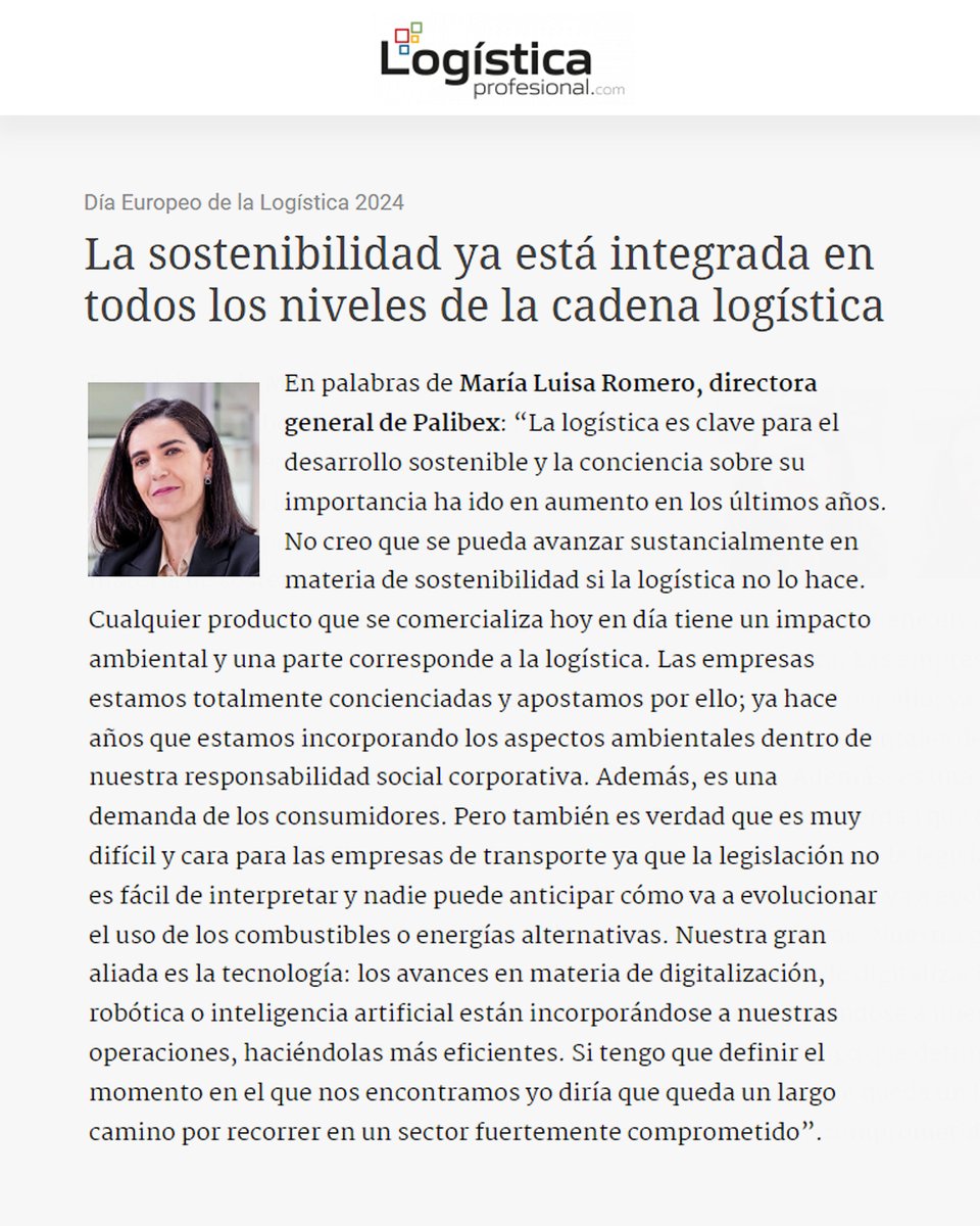 “Todavía queda un largo camino por recorrer en un sector fuertemente comprometido con la sostenibilidad” afirma nuestra directora general, @romerosanchezm1, en este artículo de @LogisticaProf con motivo del #DíaEuropeoDeLaLogística que se celebra hoy.

ow.ly/CPj750RiRbc